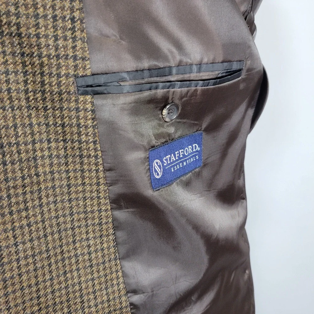 Stafford Essentials Mens Sport Coat Three‎ Button Brown Houndstooth Wool 44L
